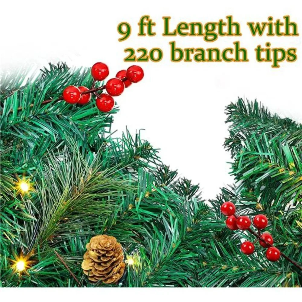 9 Foot Christmas Lighted Garland w/ Lights, Pre Lit Garland Wreath for Indoor